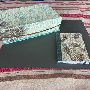 NWOT Peacock Stationary Desk Organizer Gift Set - Storage Box and Journal
